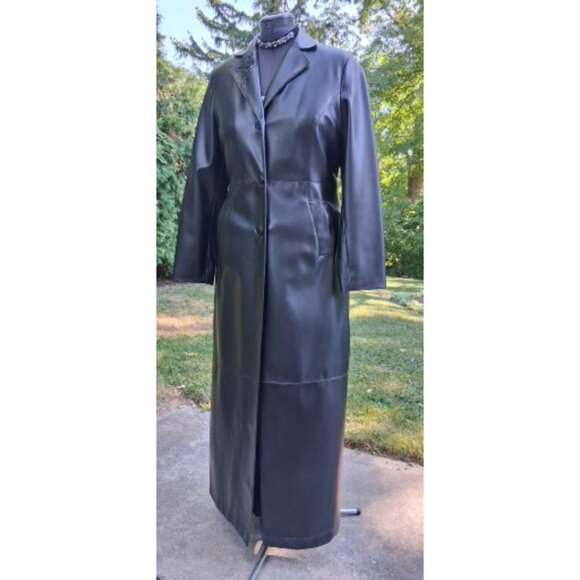 Gorgeous Long Floral Embroidered Black Faux Leather Coat Size 10 - Picture 1 of 9